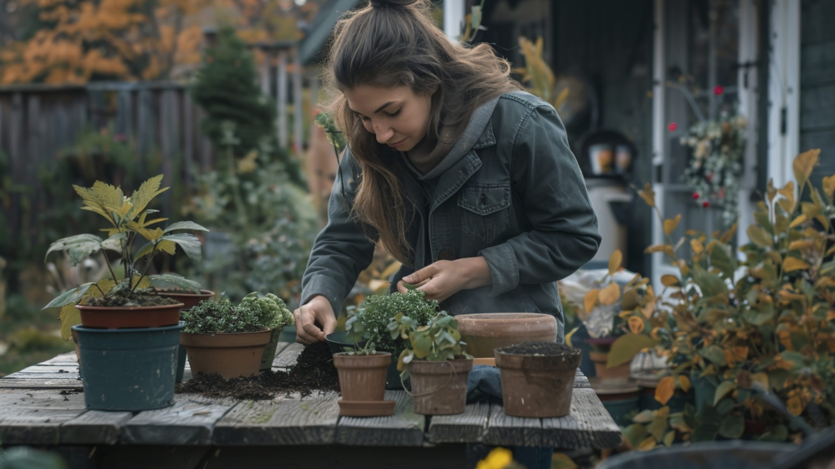 A Young woman potting plants while gardening